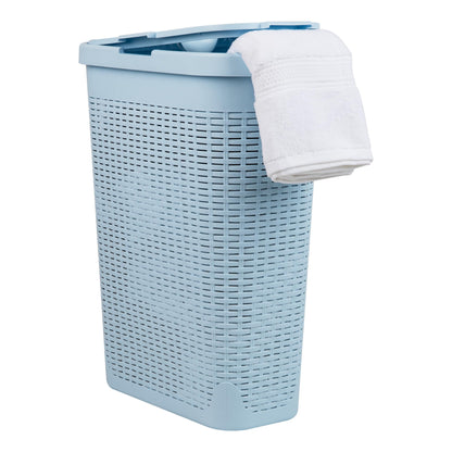 Mind Reader Slim Laundry Hamper with Lid, 40L Clothes Basket, Narrow Tapered Design with Ventilated Cutout Pattern, Plastic, White