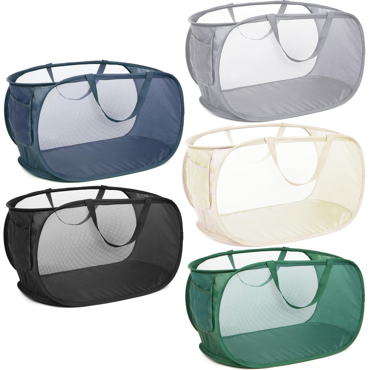 4 Pack Durable Collapsible Laundry Baskets, Mesh Foldable Laundry Basket, Pop Up Laundry Hamper with Pocket, Clothes Hamper with Reinforced Handles for Laundry, Bathroom, Kids Room, Dorm or Travel