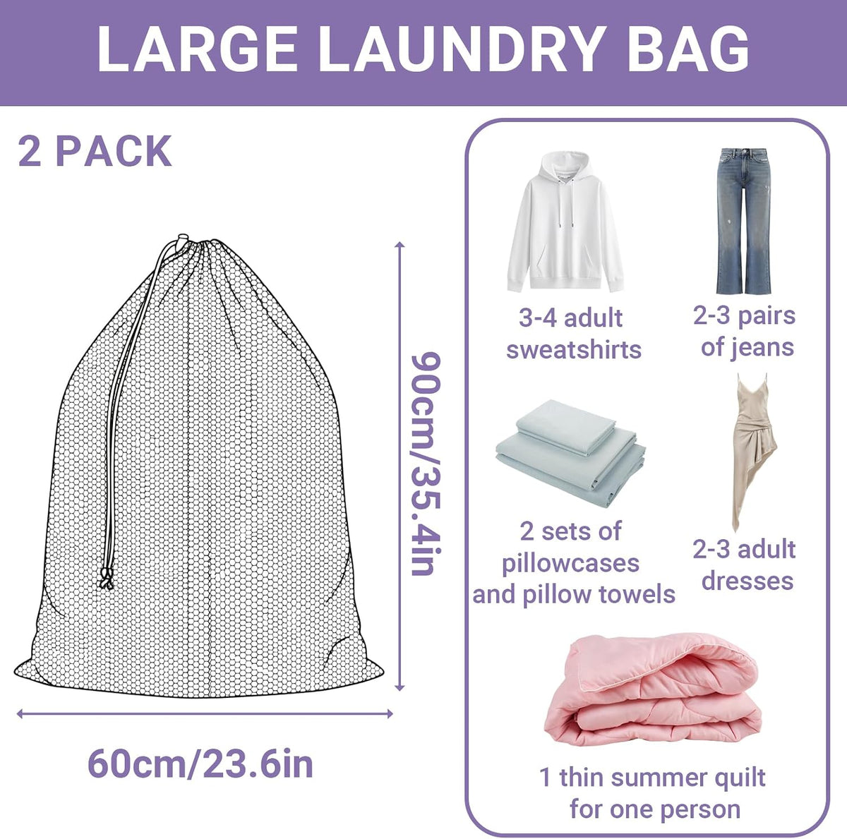 2 Pack Large Mesh Laundry Bags Black 23.6x35.4 Inch