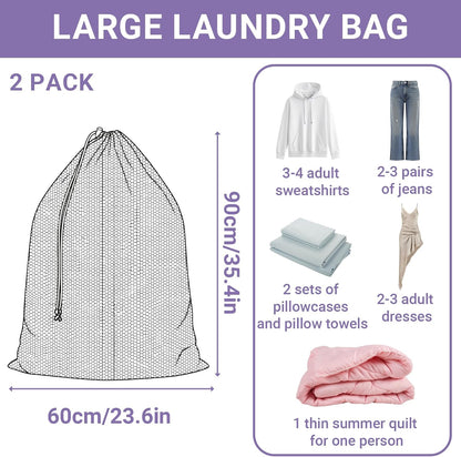 2 Pack Large Mesh Laundry Bags Black 23.6x35.4 Inch