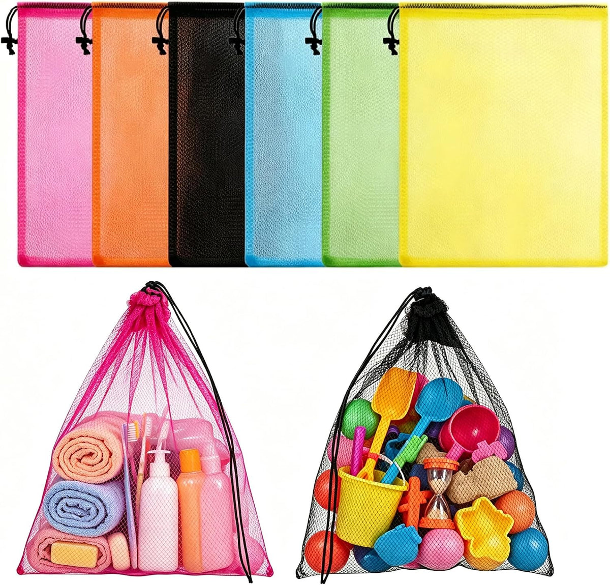6 Pcs Mesh Beach Bags Drawstring Laundry Bag for Storage 12 × 18 in