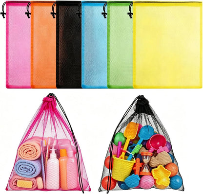 6 Pcs Mesh Beach Bags Drawstring Laundry Bag for Storage 12 × 18 in