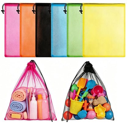 6 Pcs Mesh Beach Bags Drawstring Laundry Bag for Storage 12 × 18 in