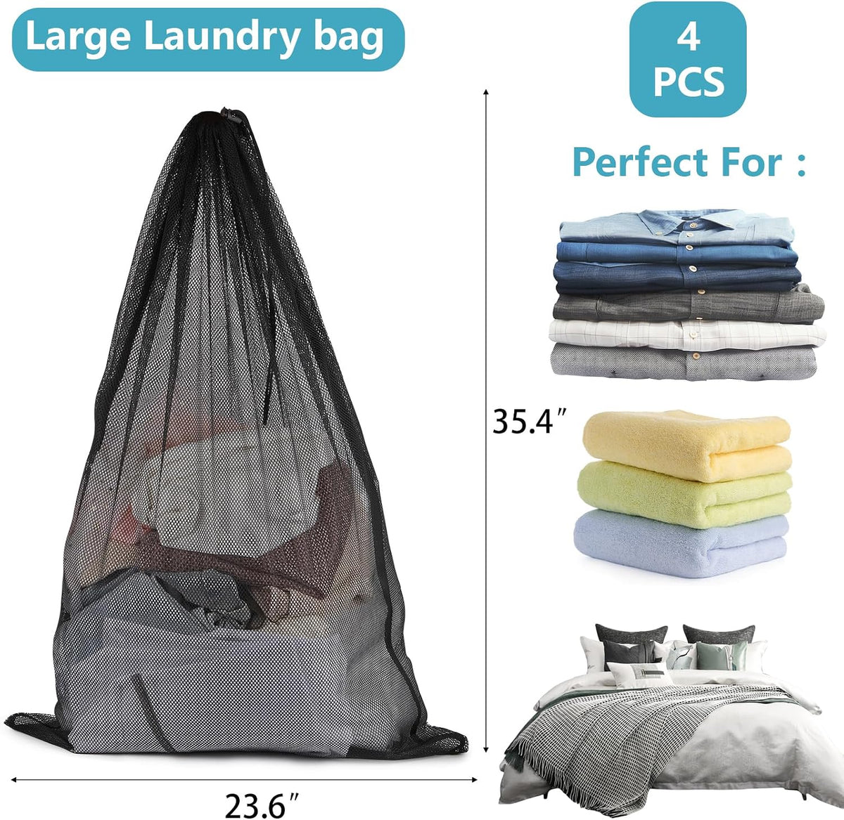 4 Pcs Laundry Bags Mesh Wash Bags 23.6 x 35 In Large Laundry Drawstring Bag