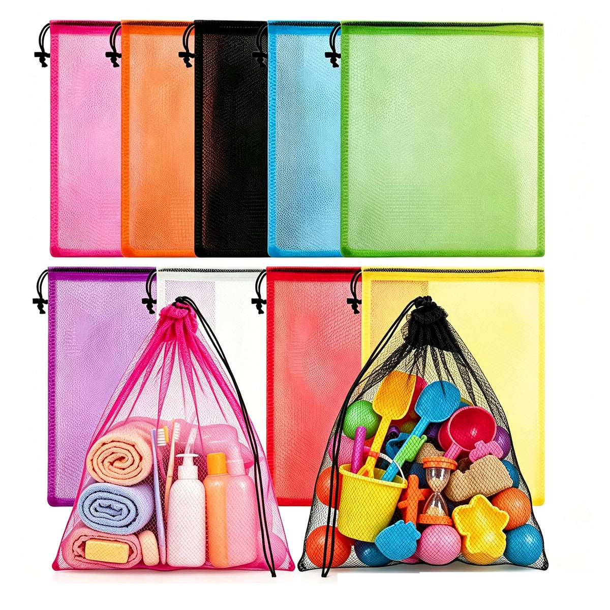 6 Pcs Mesh Beach Bags Drawstring Laundry Bag for Storage 12 × 18 in