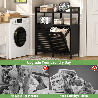 Homykic Bamboo Double Tilt Out Laundry Hamper Cabinet with 2 Bags, Black