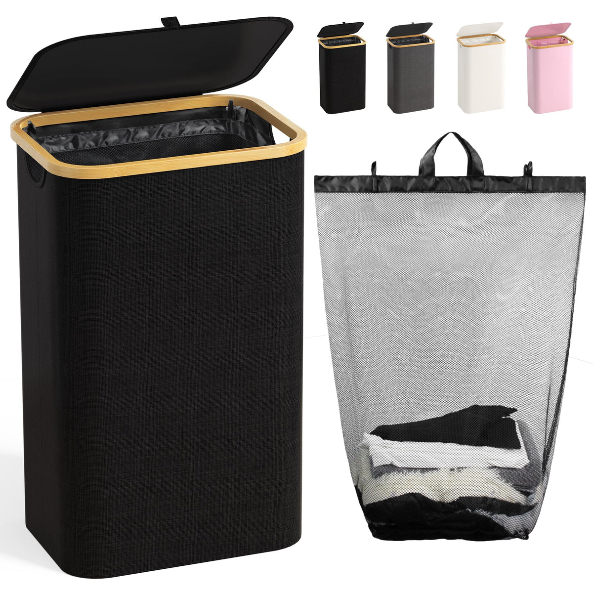 160L Laundry Hamper with Lid, 3 Section Laundry Basket with 3 Removable Bag