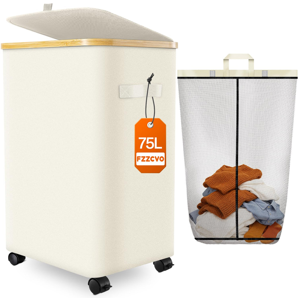 Double Laundry Basket with Wheels and Lid, 150L Clothes Hampers for Laundry
