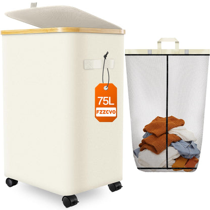 Double Laundry Basket with Wheels and Lid, 150L Clothes Hampers for Laundry