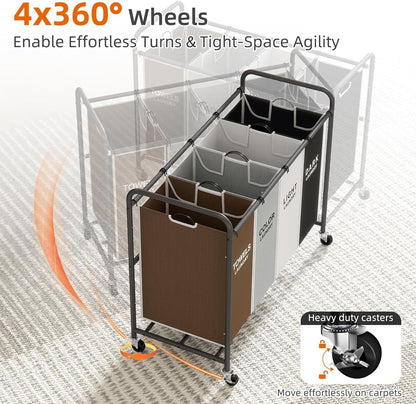 ROMOON Laundry Hamper Sorter Cart, 4-Section Organizer with Lockable Wheels