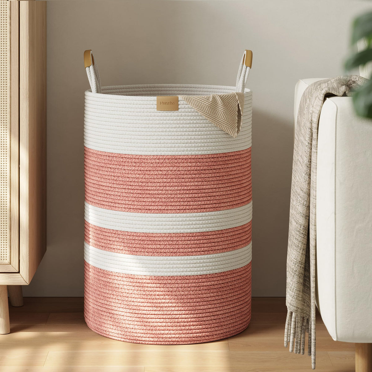 Nunsino 95L Striped Laundry Hamper with Leather Handles,Large Foldable Laundry Basket for Clothes,Cotton Rope Storage Bin for Blankets,Woven Clothes Basket for Bedroom,Dark Brown Stripes
