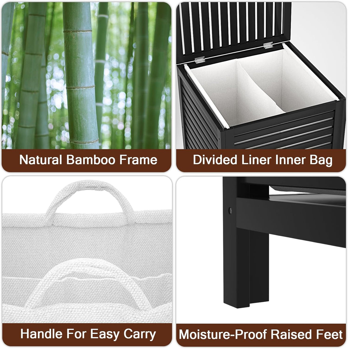 Homykic 120L Bamboo Laundry Hamper with Lid and Removable Liner Bag, Black
