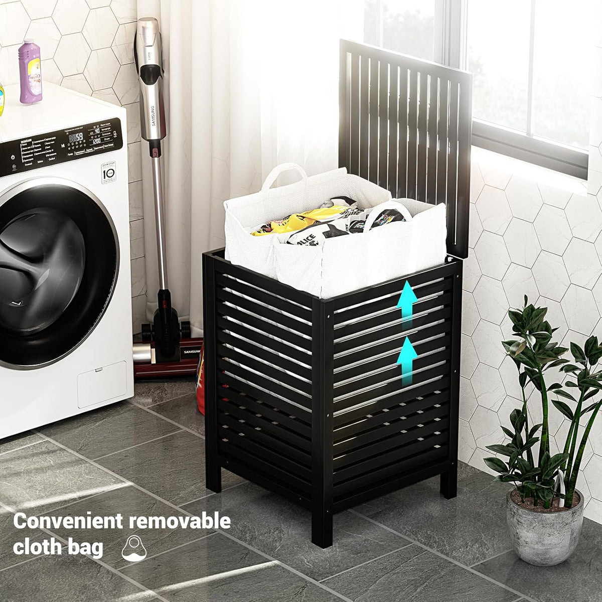 Homykic 120L Bamboo Laundry Hamper with Lid and Removable Liner Bag, Black