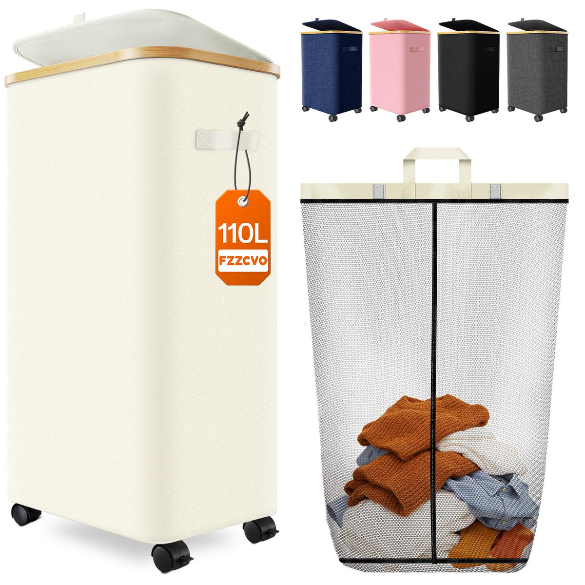Double Laundry Basket with Wheels and Lid, 150L Clothes Hampers for Laundry