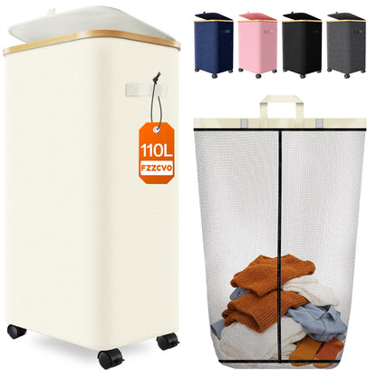 Double Laundry Basket with Wheels and Lid, 150L Clothes Hampers for Laundry