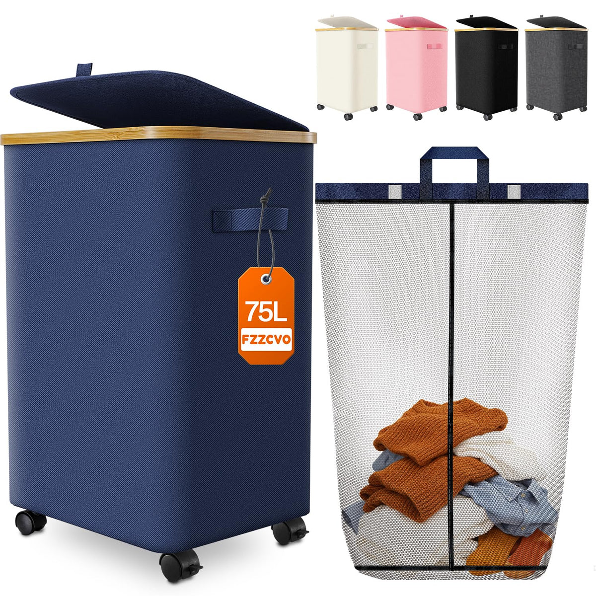 Double Laundry Basket with Wheels and Lid, 150L Clothes Hampers for Laundry