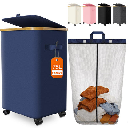 Double Laundry Basket with Wheels and Lid, 150L Clothes Hampers for Laundry