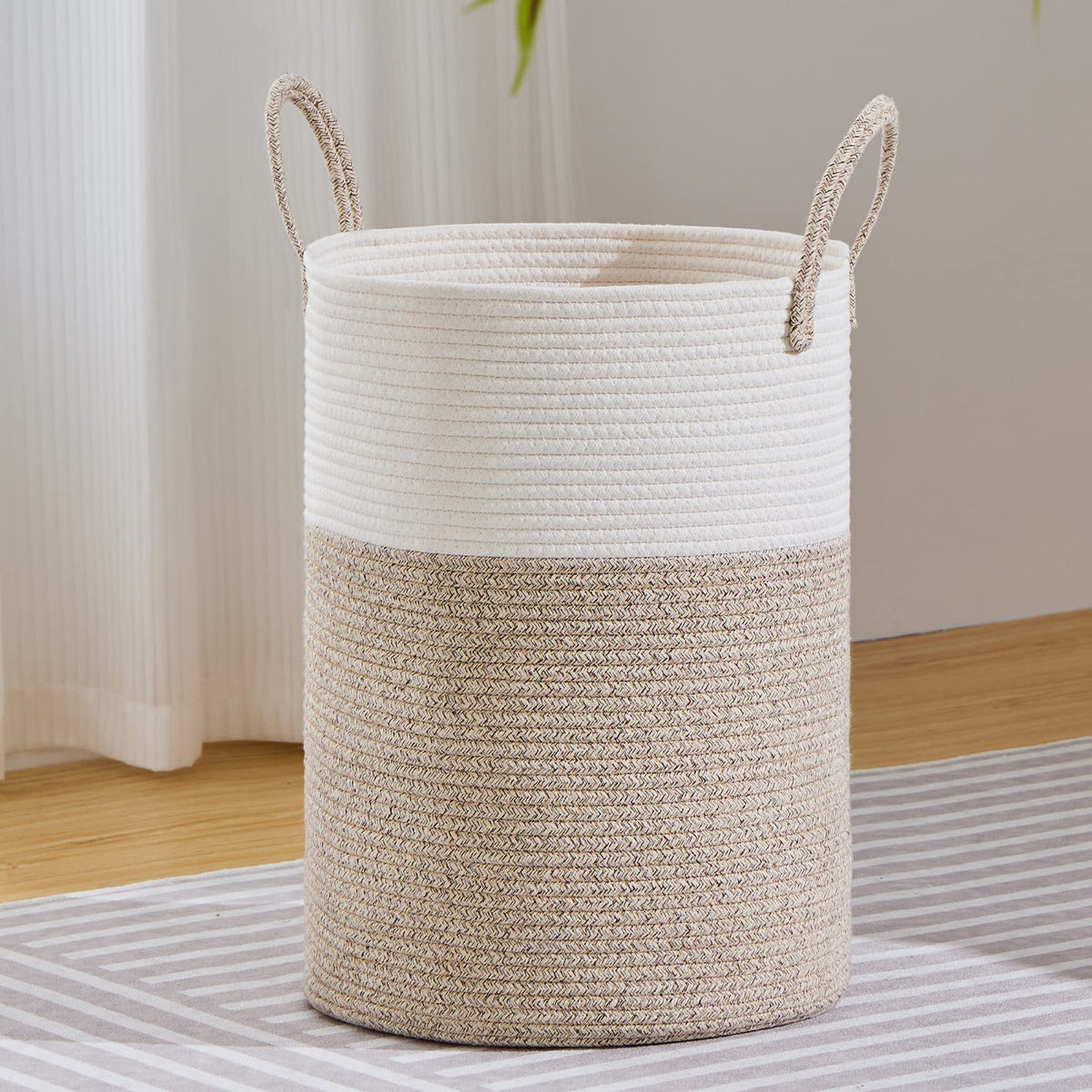 VIPOSCO 58L Tall Woven Laundry Basket Hamper, White Brown