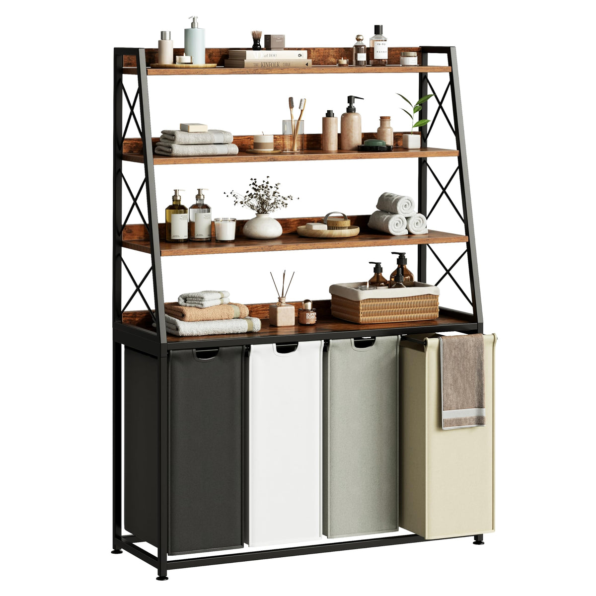 Herture Laundry Basket, 2 Section Laundry Hamper with 4 Tiers Shelf, Pull-Out and Removable Laundry Bags, Large 2 x 15.87 Gallons, for Bedroom Bathroom Rustic Brown PF11XLN