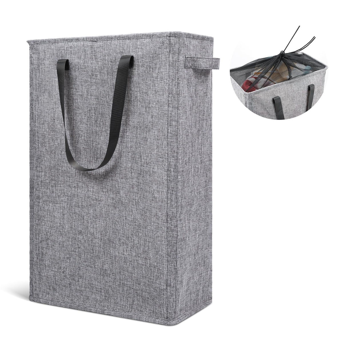 Odonata Slim Laundry Hamper Handles Collapsible Laundry Basket Thin Dirty Clothes Basket Narrow Laundry Bag Foldable Dirty Hamper 45L (Black)