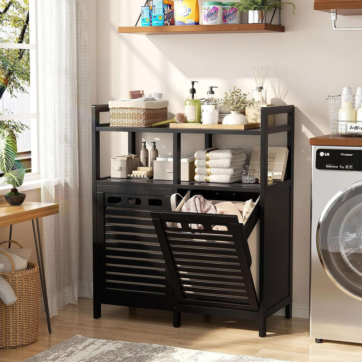 Homykic Bamboo Double Tilt Out Laundry Hamper Cabinet with 2 Bags, Black