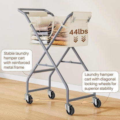 No-Bend Laundry Cart Rolling Hamper with Locking Wheels & Handle, Foldable Basket Screw-Free Assembly, Durable Metal Frame & Removable Liner Bag for Bedroom & Bathroom (Beige)