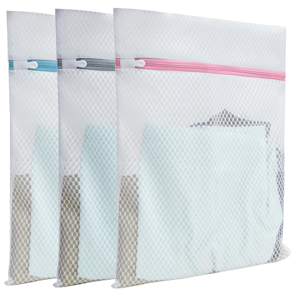 Mesh Laundry Bags for Delicates – 3 Pack (12”×16”) with Color-Coded Zippers, Protects Clothes from Damage, Breathable Honeycomb Mesh, Washer & Dryer Safe bags - Ideal for Bras, Lingerie & Socks