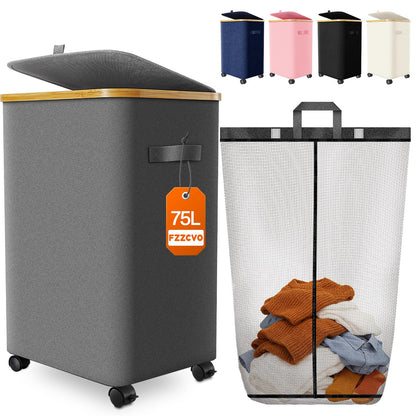Double Laundry Basket with Wheels and Lid, 150L Clothes Hampers for Laundry