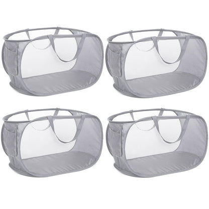 4 Pack Durable Collapsible Laundry Baskets, Mesh Foldable Laundry Basket, Pop Up Laundry Hamper with Pocket, Clothes Hamper with Reinforced Handles for Laundry, Bathroom, Kids Room, Dorm or Travel