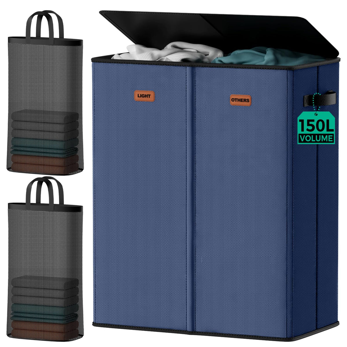 150L Double Laundry Hamper with Lid – 2-Section Clothes Hamper with Removable Bag for Bathroom, Bedroom, Laundry Room & Dorm