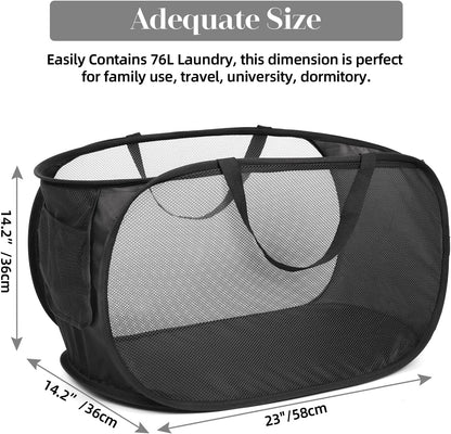 4 Pack Durable Collapsible Laundry Baskets, Mesh Foldable Laundry Basket, Pop Up Laundry Hamper with Pocket, Clothes Hamper with Reinforced Handles for Laundry, Bathroom, Kids Room, Dorm or Travel