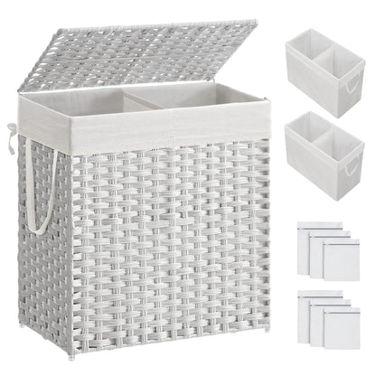 SONGMICS Laundry Hamper with Lid, 130L Double Wicker Basket, 6 Mesh Bags