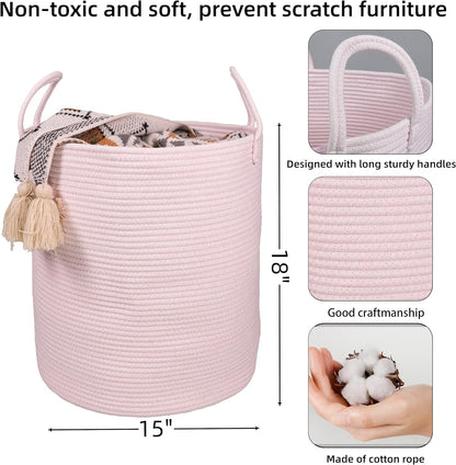 XUANGUO Cotton Rope Laundry Basket Hamper for Girls Kids Baby Nursery Pink