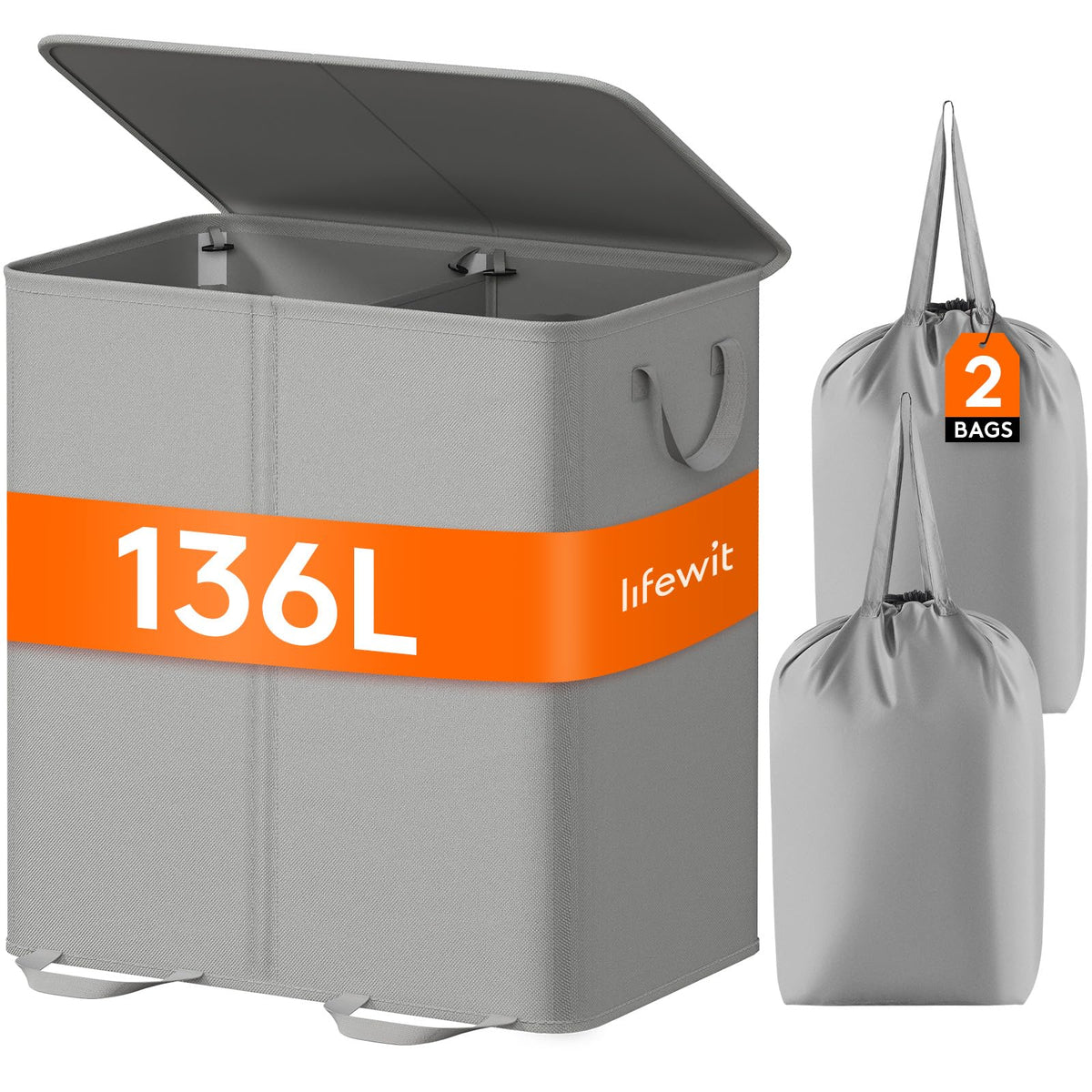 Lifewit Double Laundry Hamper with Lid, Removable Laundry Bags, Black