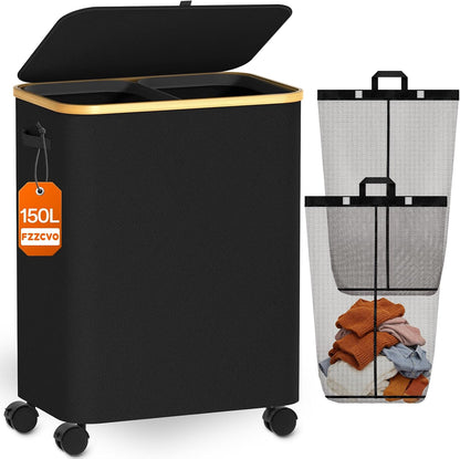 Double Laundry Basket with Wheels and Lid, 150L Clothes Hampers for Laundry