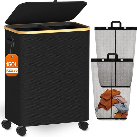 Double Laundry Basket with Wheels and Lid, 150L Clothes Hampers for Laundry