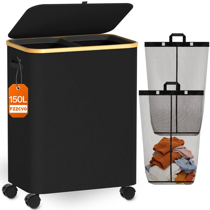 Double Laundry Basket with Wheels and Lid, 150L Clothes Hampers for Laundry