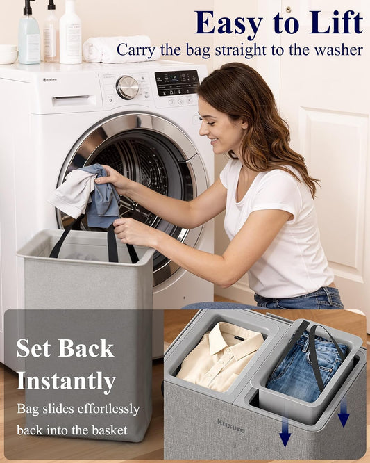 Kitsure Laundry Hamper with Lid 160L, 2-Compartment Sorter, Removable Bags