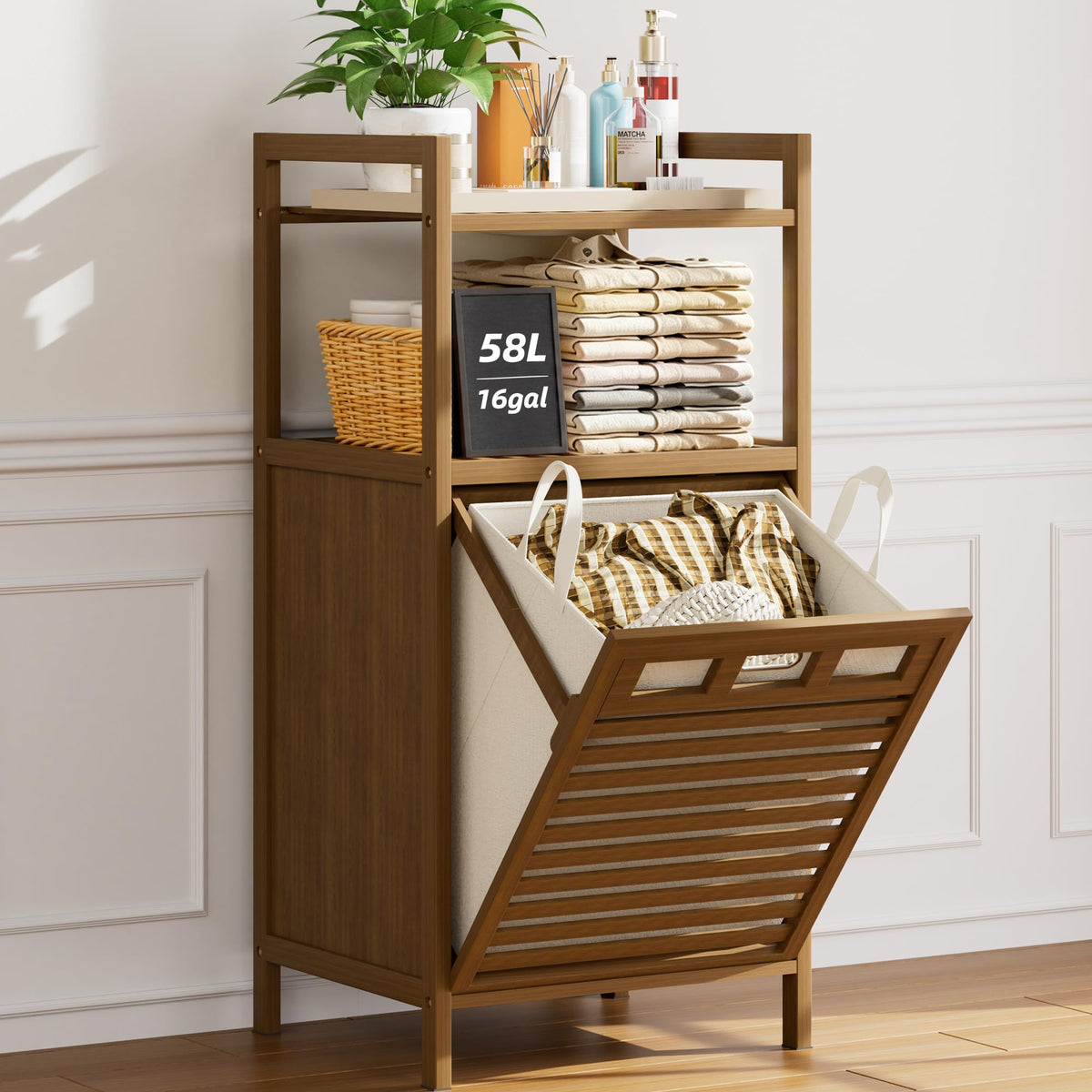 32 Gal Bamboo Tilt Out Laundry Hamper Cabinet with 2 Bag, Black
