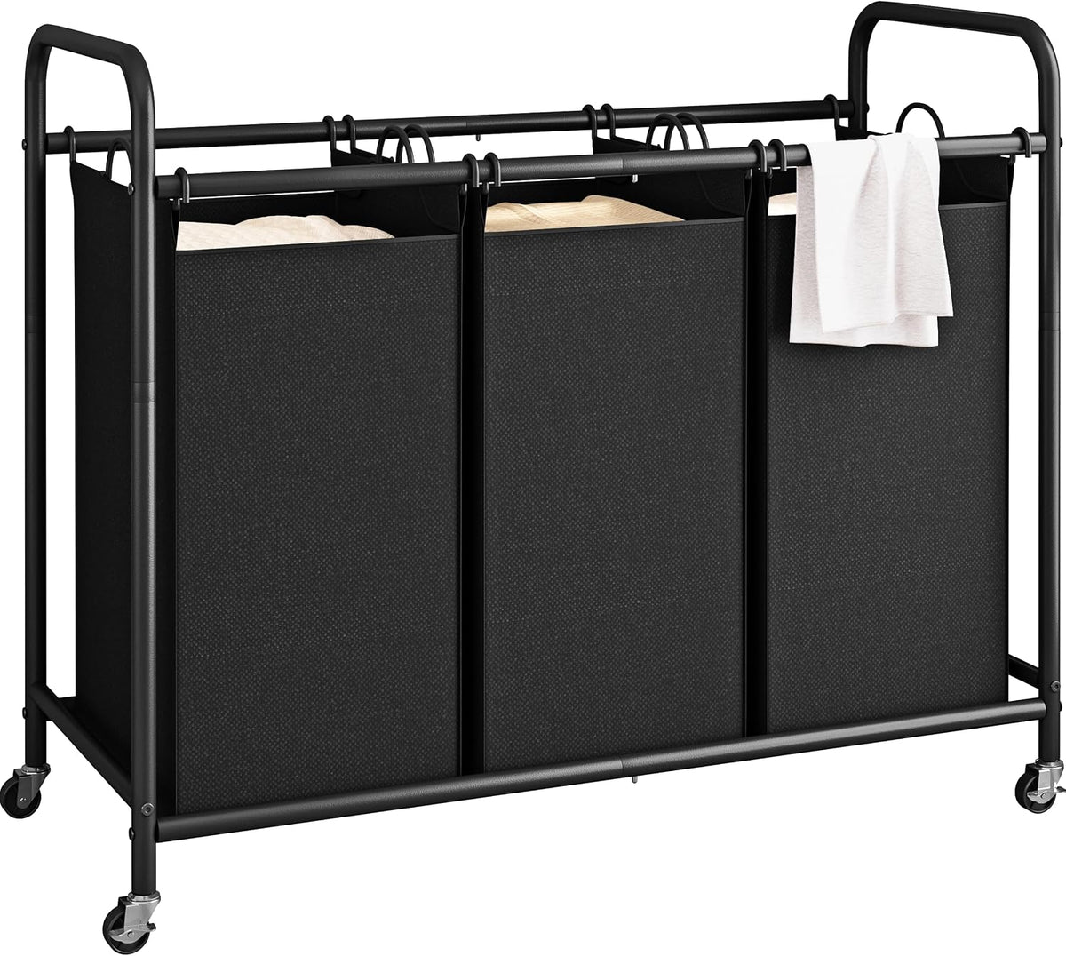 LINZINAR 3 Section Laundry Hamper Sorter, Black Laundry Basket with Wheels