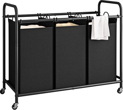 LINZINAR 3 Section Laundry Hamper Sorter, Black Laundry Basket with Wheels