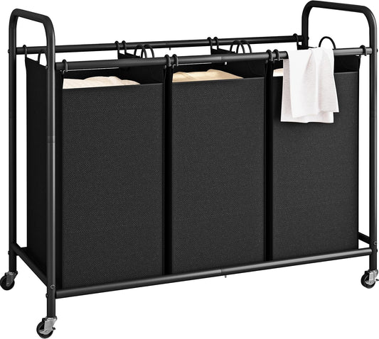 LINZINAR 3 Section Laundry Hamper Sorter, Black Laundry Basket with Wheels