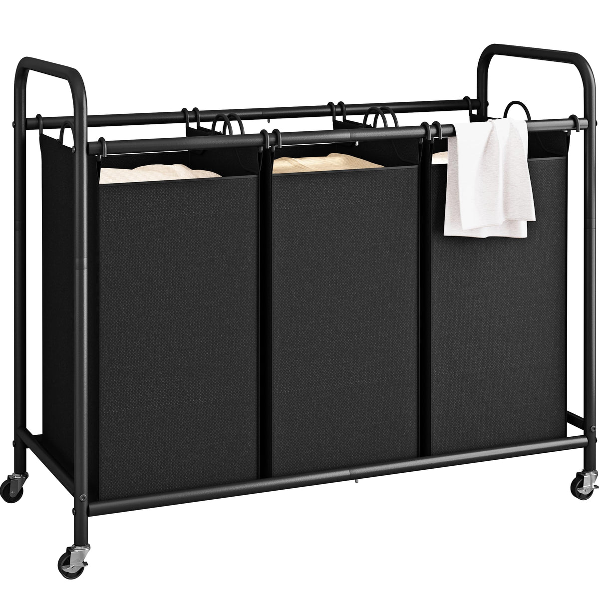 LINZINAR 3 Section Laundry Hamper Sorter, Black Laundry Basket with Wheels