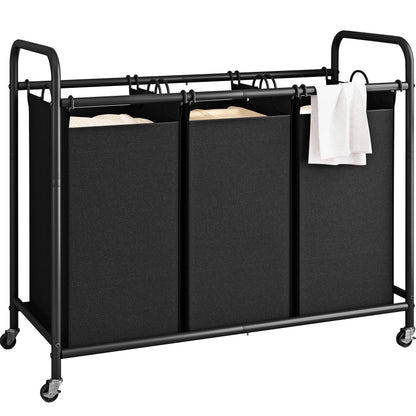 LINZINAR 3 Section Laundry Hamper Sorter, Black Laundry Basket with Wheels
