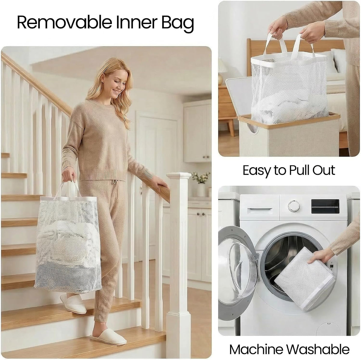 efluky Slim Laundry Hamper with Lid and Removable Bag, 75L Beige