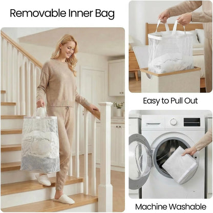 efluky Slim Laundry Hamper with Lid and Removable Bag, 75L Beige