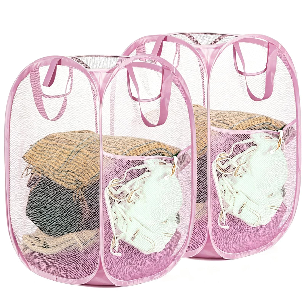 HOUSE AGAIN 2 Pack Strong Mesh Pop Up Laundry Hamper, 70L Collapsible Laundry Basket with Steel Frame, Double‑Stitched Handles & Side Pocket, Foldable Dirty Clothes Hamper for Dorm, Bedroom, Black