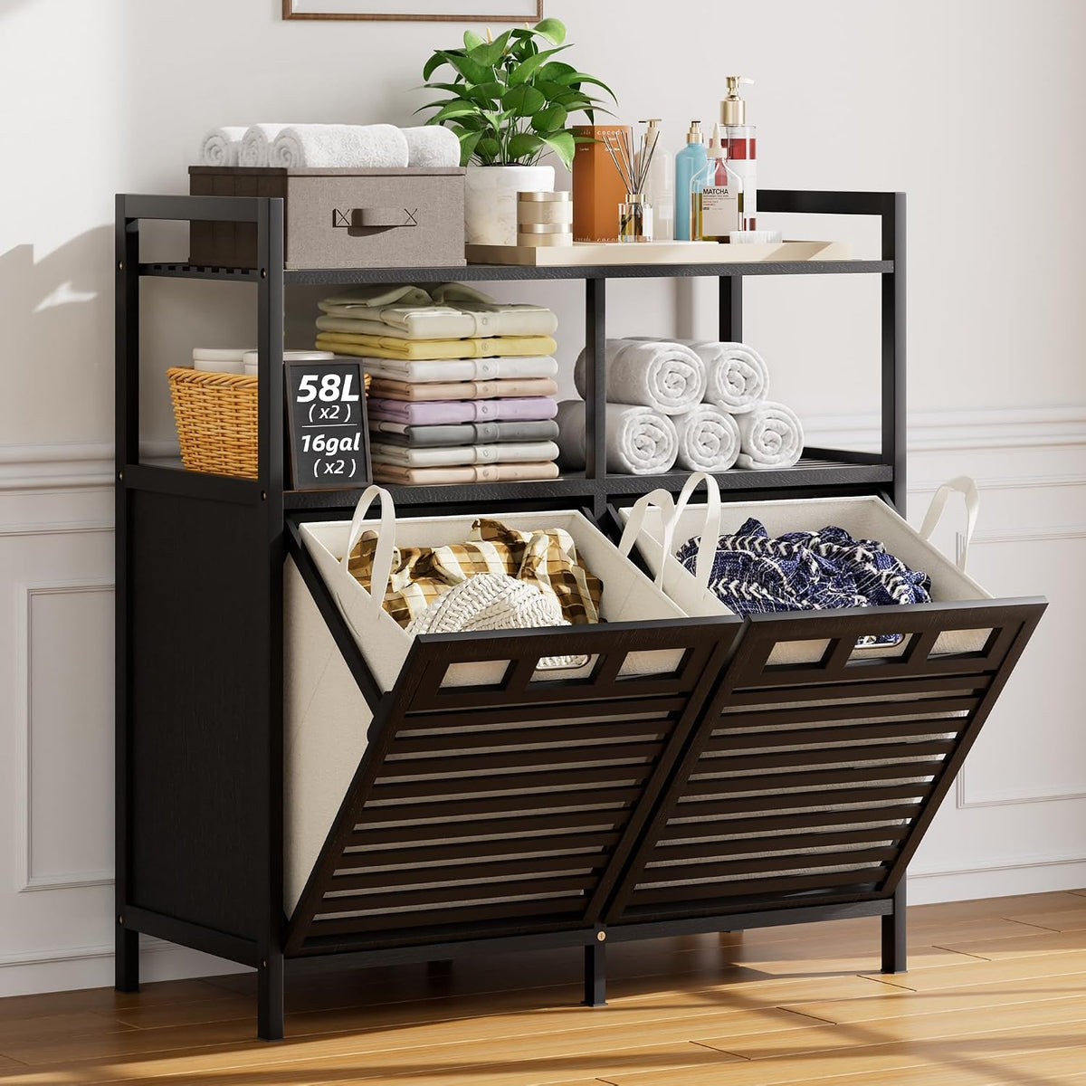 32 Gal Bamboo Tilt Out Laundry Hamper Cabinet with 2 Bag, Black