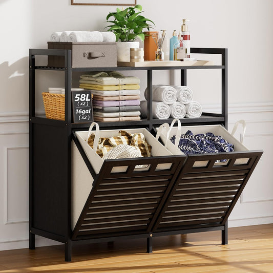 32 Gal Bamboo Tilt Out Laundry Hamper Cabinet with 2 Bag, Black