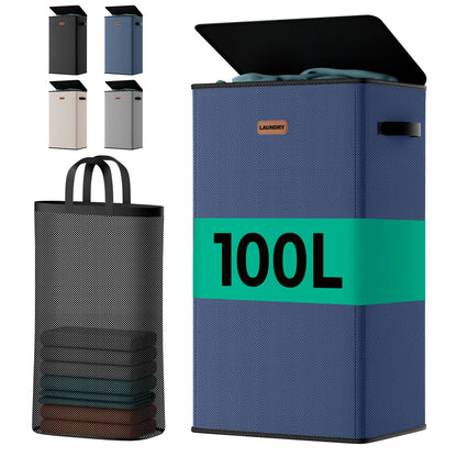 150L Double Laundry Hamper with Lid – 2-Section Clothes Hamper with Removable Bag for Bathroom, Bedroom, Laundry Room & Dorm